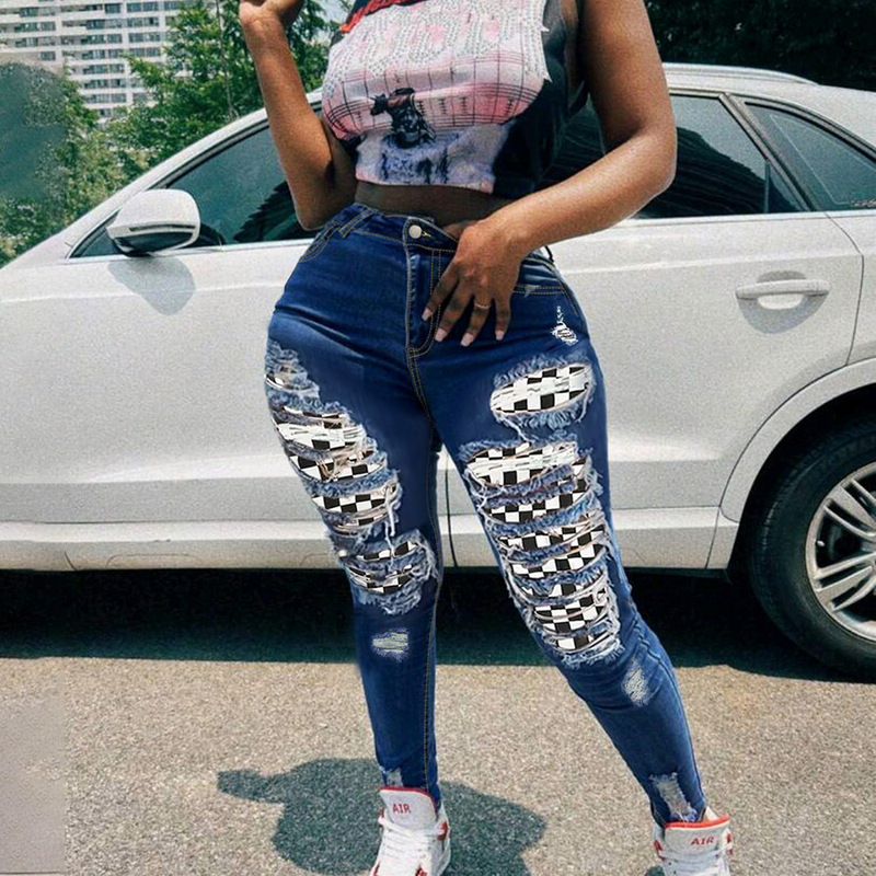 European and American Style Sexy Peach Butt Patch Button Placket Tight Casual Fashion Stretch Ripped Jeans High Waist