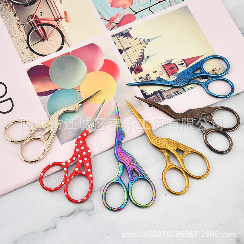 (2개) 작은 크레인 가위 복고풍 크레인 가위 크로스 스티치 실 가위 뷰티 눈썹 트리밍 가위 스테인레스 스틸 자수 실 가위