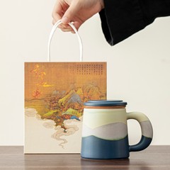 渐变蓝陶瓷茶杯2025新款高颜值过滤马克杯带盖送朋友长辈生日礼物