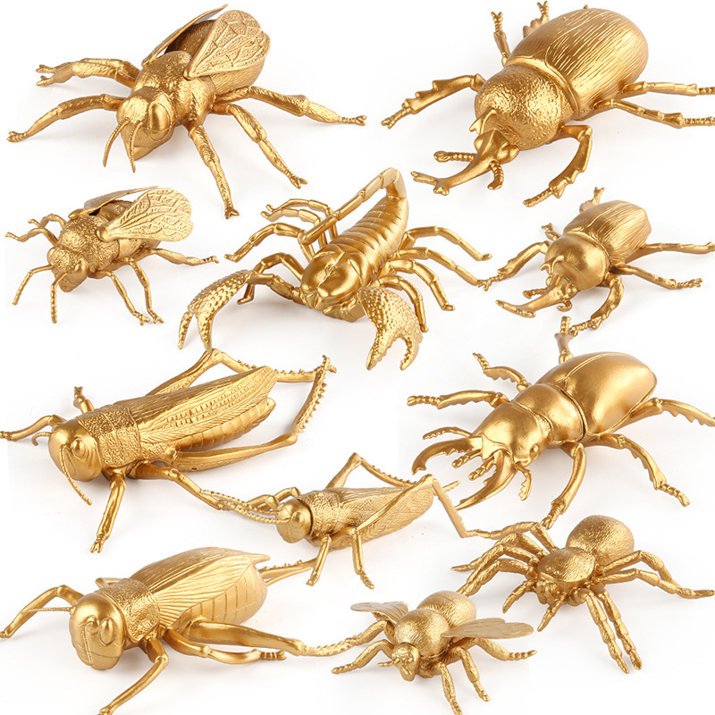 Cross-border New Product Simulation Insect Animal Model Gold Edition Mini Shovel Beetle Cricket Bee Insect Set Toy