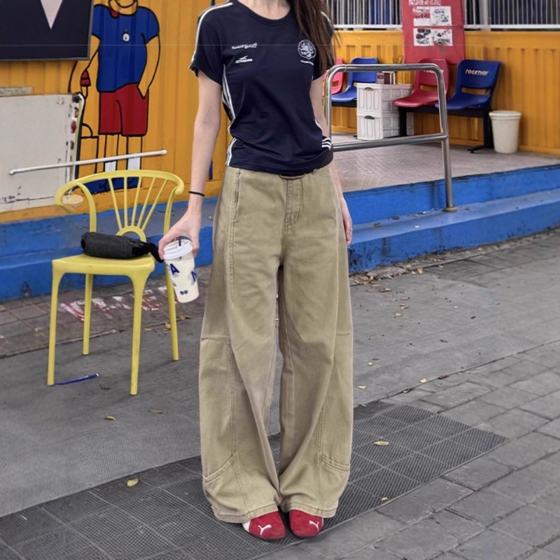 American-Style Khaki Wide-Leg Jeans for Women, Petite Size, Spring High-Waisted, Slimming, Figure-Flattering Straight-Leg Denim Wide-Leg Pants for Women