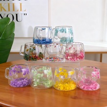 跨境双层夹花玻璃杯咖啡杯牛奶果汁水杯高硼硅耐高温双层干花杯