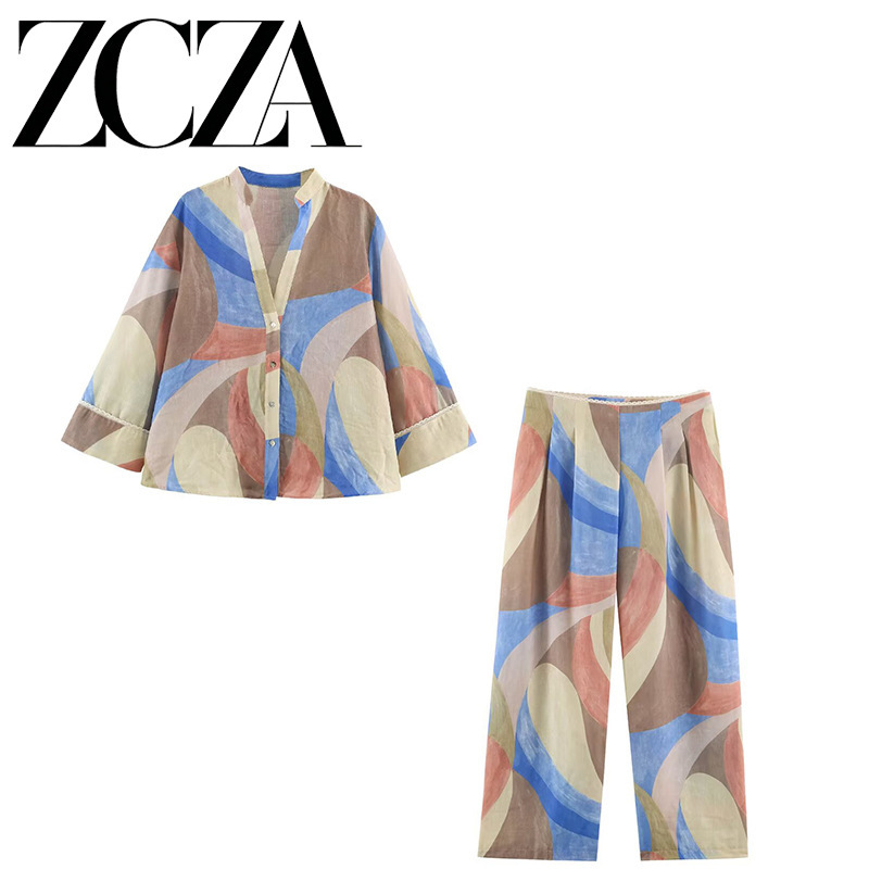 ZCZA self-designed European and American style new women's fashion versatile lace-trimmed printed shirt + wide-leg pants set