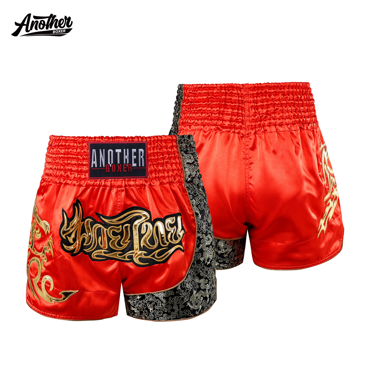 ANOTHERBOXER red and gold Muay Thai shorts, available in adult and children's sizes, designed for championship matches