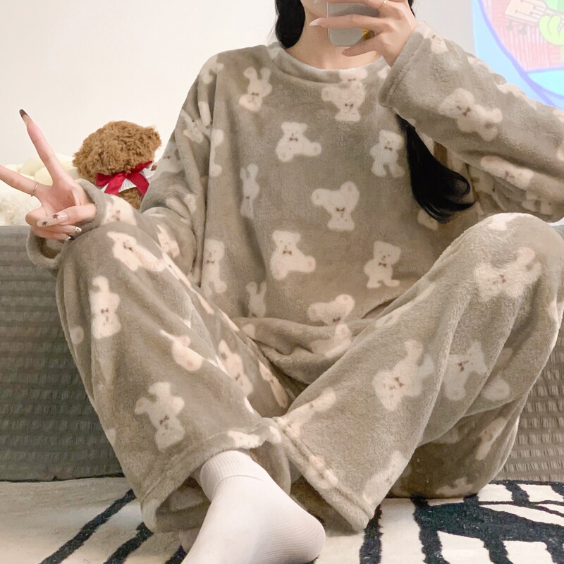Ins Style Fleece-Lined Thickeneded Coral Velvet Winter Pajamas for Women in Autumn and Winter Cute Student Home Clothes Set That Can Be Worn Outside