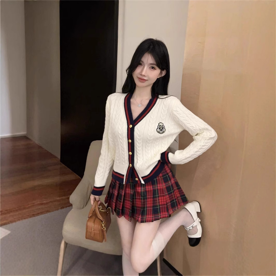 대학 스타일 V-NECK 니트 카디건 가을과 겨울 부드러운 왁스 게으른 스타일 한국 스웨터 올 매치 JK 체크 무늬 스커트 세트