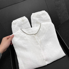 CHAOグレードおすすめ！女性のための白いネックラインのパッチワークラミーシャツ春と夏の新しい緩い多用途リネン日焼け止めシャツ