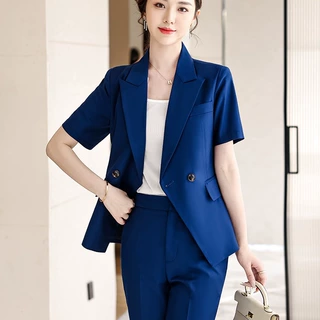 灰色西装套装裤女薄短袖职业装气质女神范酒店前台接待工作服批发