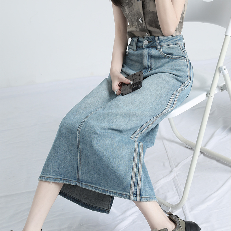 Elastic summer denim skirt, long long skirt, 2025 years, high waist, maxi length, loose straight fit