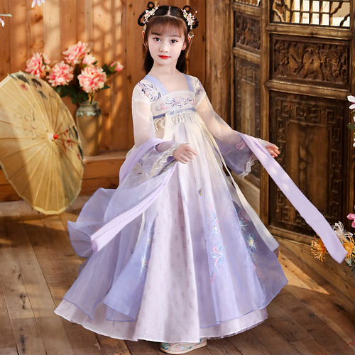 Girls Chinese Hanfu fairy dress ancient purple color traditional folk costumes han tang princess stage performance dress photos shooting kimono dress for kids Tang suit