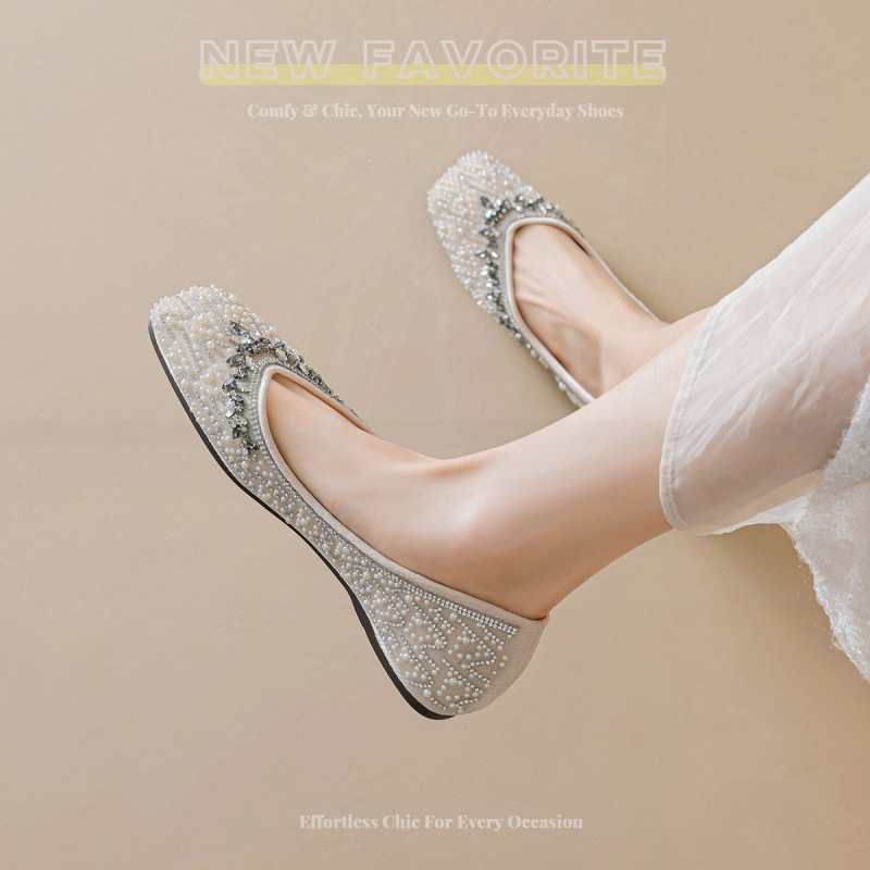 First-Layer Cowhide Square-Toe Rhinestone Wedding Flats with Soft Soles