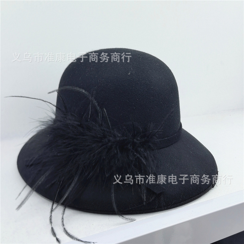 新款赫本风秋冬羊毛呢定型小礼帽女法式复古优雅羽毛装饰时尚帽子|undefined
