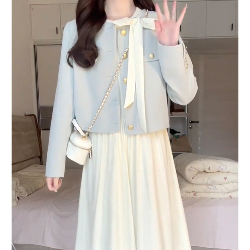 セット女性2025春新作感小香風コート蝶結び長袖ワンピースウエストロングスカート潮|undefined