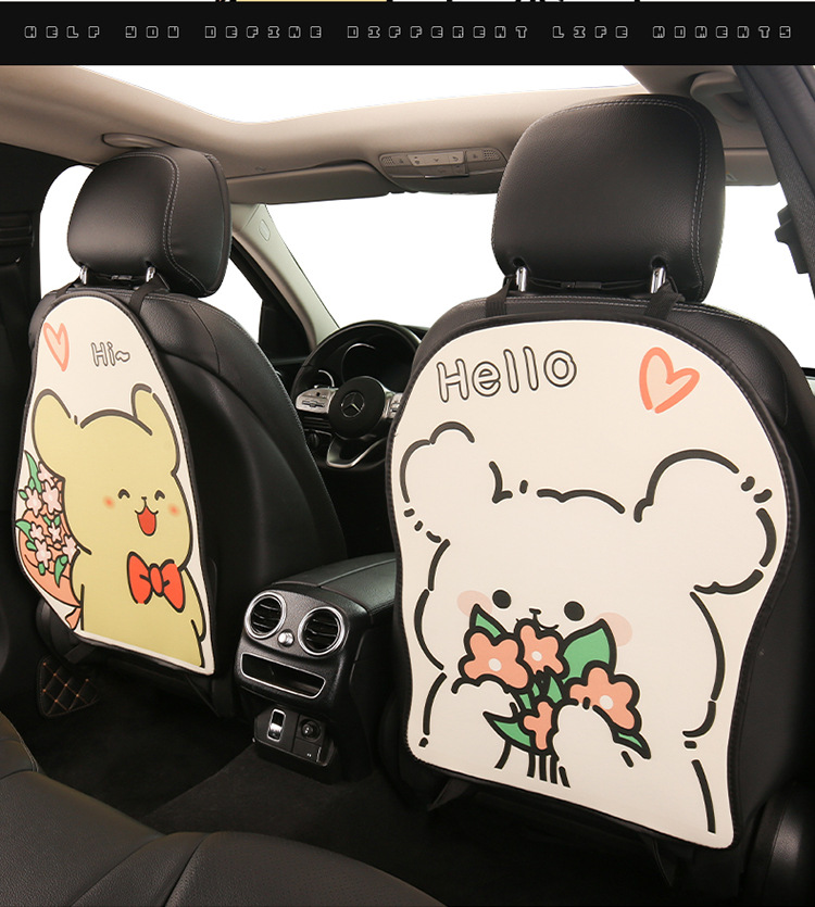 Yellow and White Dog-Themed Anti-Kick Pad for Car Seats, Back Seat Protector for Children, Sponge-Filled