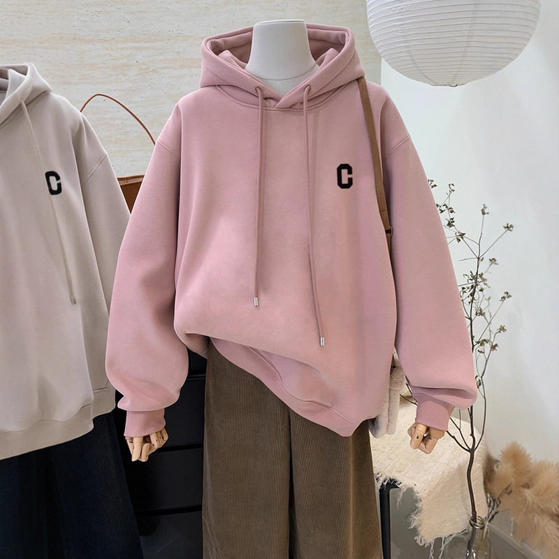 2025 New Hooded Sweatshirt Women's Mid-Length Korean Style Loose Casual Hip Top Fleece-Lined Thickeneded Spring, Autumn and Winter 2025 New Hooded Sweatshirt Women's Mid-Length Korean Style Loose Casual Hip Top Fleece-Lined Thickeneded Spring, Autumn and Winter