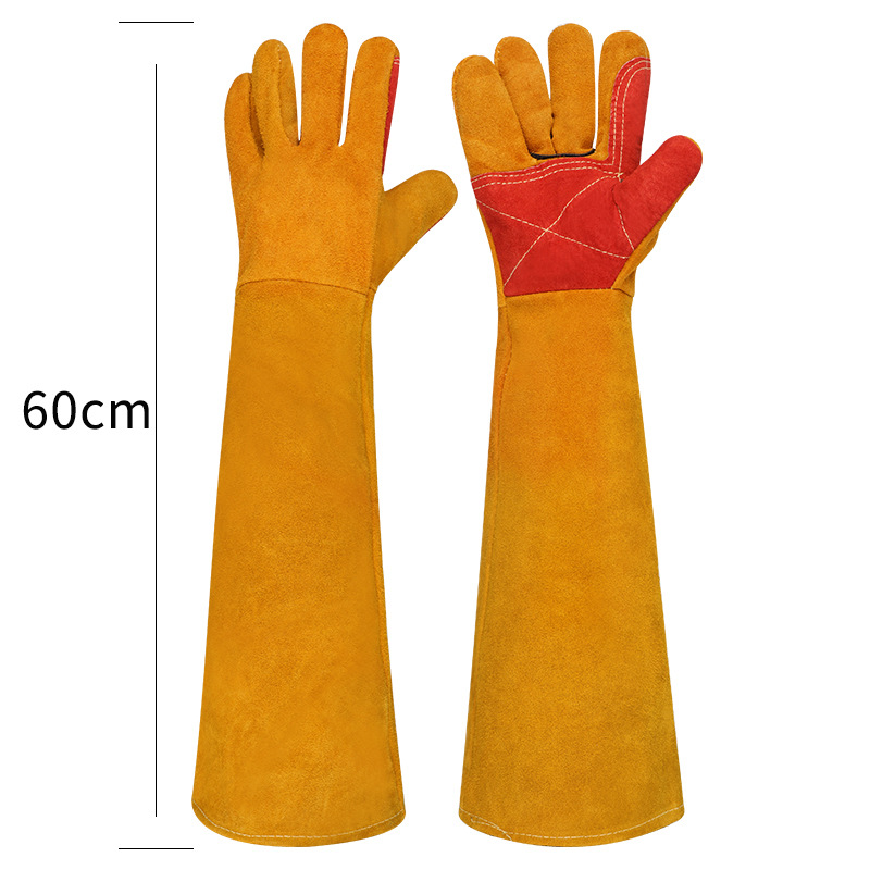 60cm guante de piel de vaca alargado guante de soldadura especial de protección laboral anti-desgaste a prueba de escoria de soldadura guante de soldadura eléctrica de piel completa image 6
