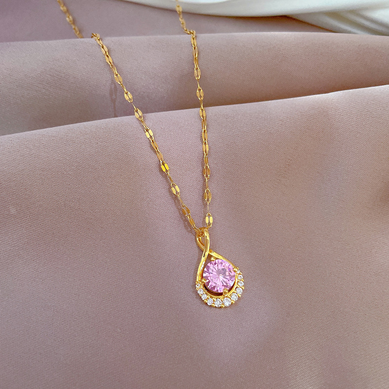 Water Drop Gemstone Necklace Titanium Steel Diamond Inlaid Ins_voghion.com