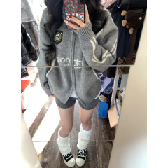 oversize翻领拉链毛衣开衫女2025秋装新款韩版宽松带标针织衫外套