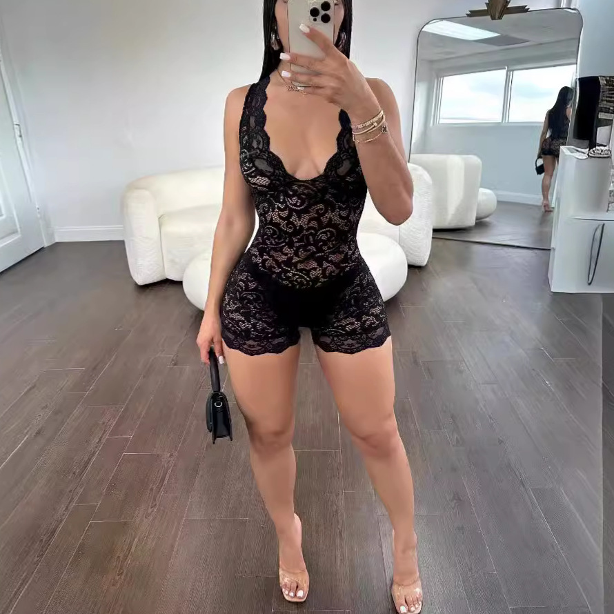 2025 New Lace Tight Sleeveless Hot Girl Sexy V-Neck Hollow Slim Fit Women's Summer Black Jumpsuit Shorts