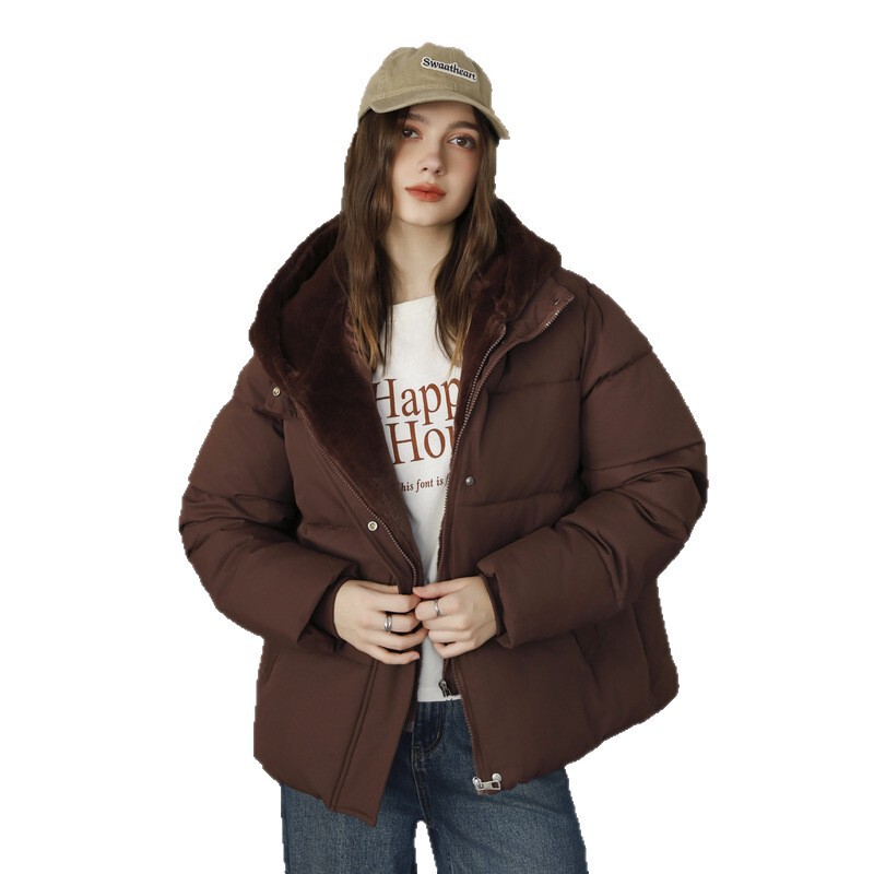 跨境2025冬季新款女假两件拼接毛绒连帽棉衣棉服时尚百搭潮流外套|undefined