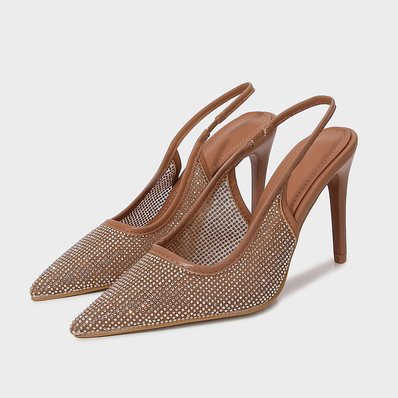 ZA2025 Spring New Women's Shoes Brown Fashion Bright Mesh Dew Heel High Heels Nightclub Sexy Rhinestone Sandals