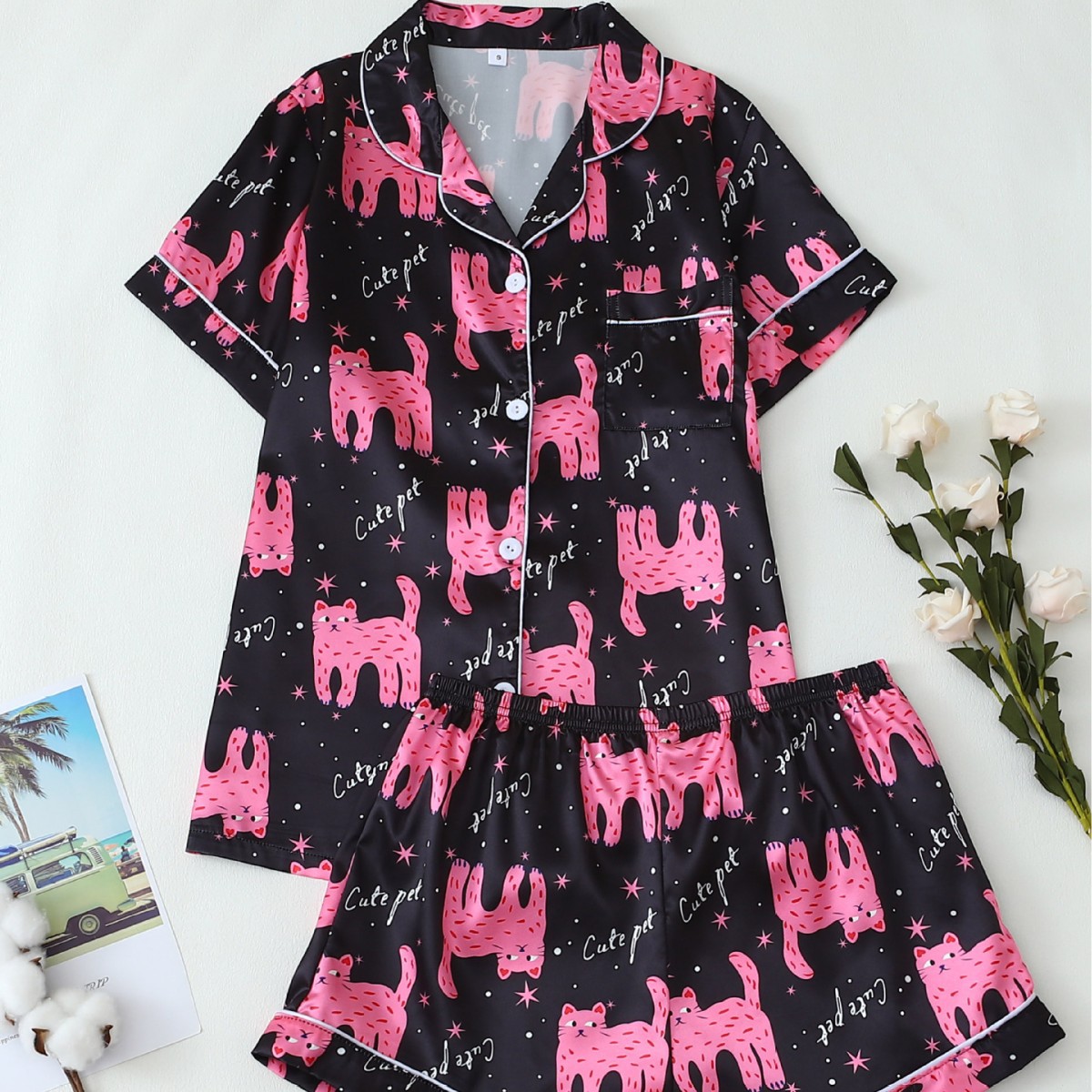Women's Black Satin Pajama Set With Cat Print – Short-Sleeve Button-Up Top & Shorts (S-Xl) | Soft & Stylish Sleepwear_voghion.com