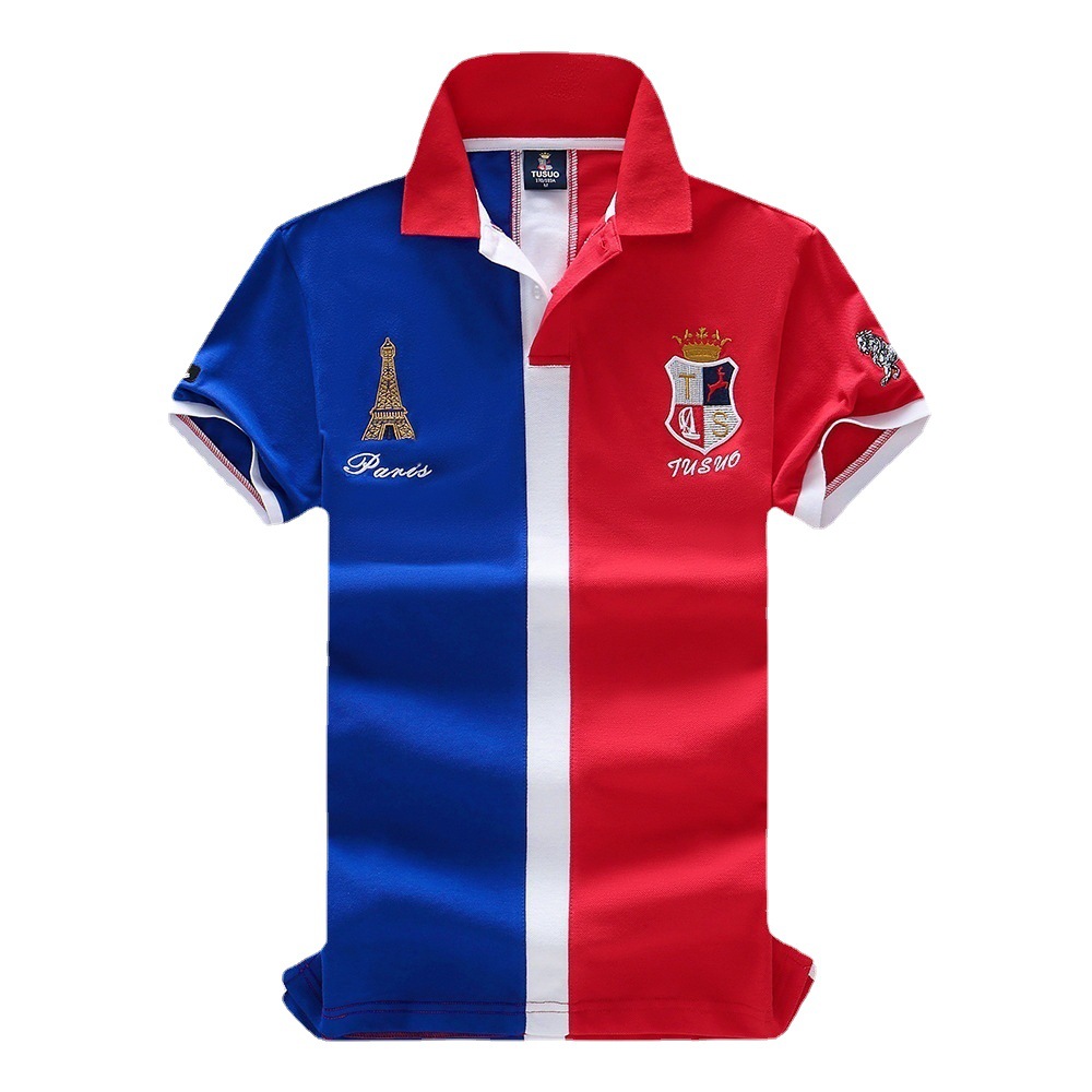 Polo shirt men's short sleeved cross-border sports casual color blocking pure cotton color blocking embroidery French football fans