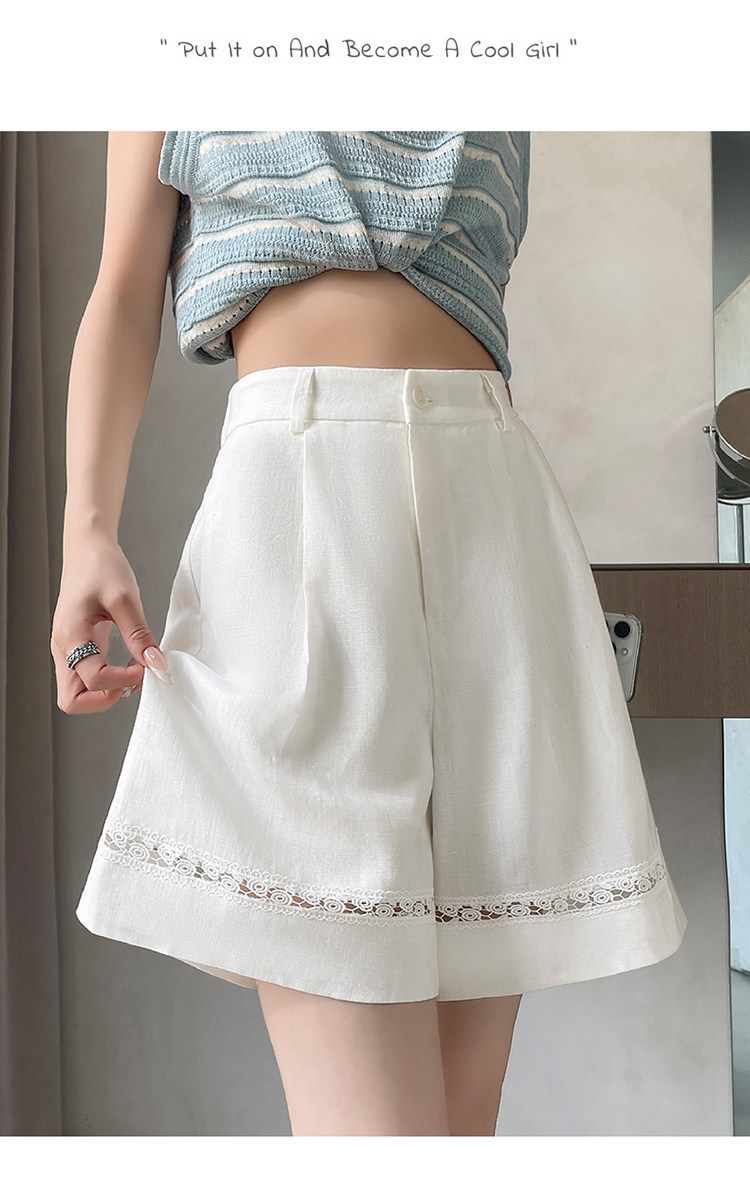 Quần short vải lanh nữ cạp cao ống rộng dáng chữ A — Xanh lông mòng đen chi tiết 40