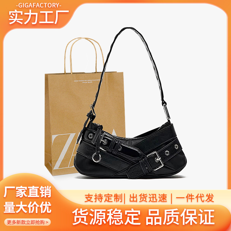 Z Brand Cross-Border Women's Bag 2026 New Original Niche Retro Black Spicy Girl Biker Bag Single Shoulder Underarm Baguette Bag