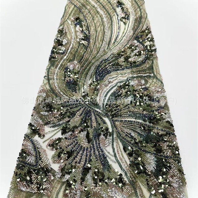 Wavy streamline Peacock pluma bordado tela de malla delgada alfombra roja vestido de cena de boda china tela de lujo ligera