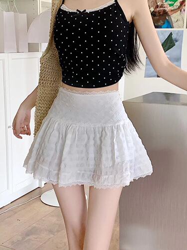 Lace edge cake semi-skirt for women, summer ballet style, high-waisted A-line short skirt, small size, white puffy skirt