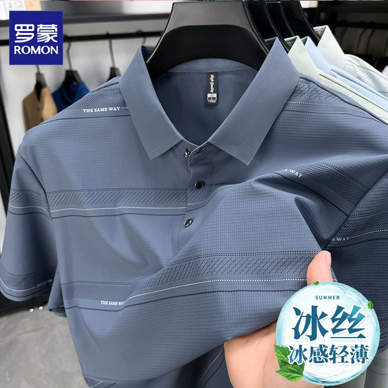 Футболка с короткими рукавами для папы среднего и пожилого возраста Romon, новинка 2025 года, рубашка-поло из ледяного шелка, мужской летний легкий топ с половиной рукавов
