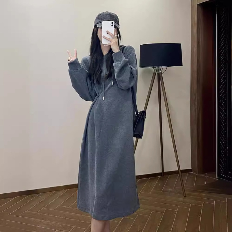 55031 # 2023 Autumn New Gray Waist-Cinching Street Style Hooded Sweatshirt Dress for Petite Loose Long Style