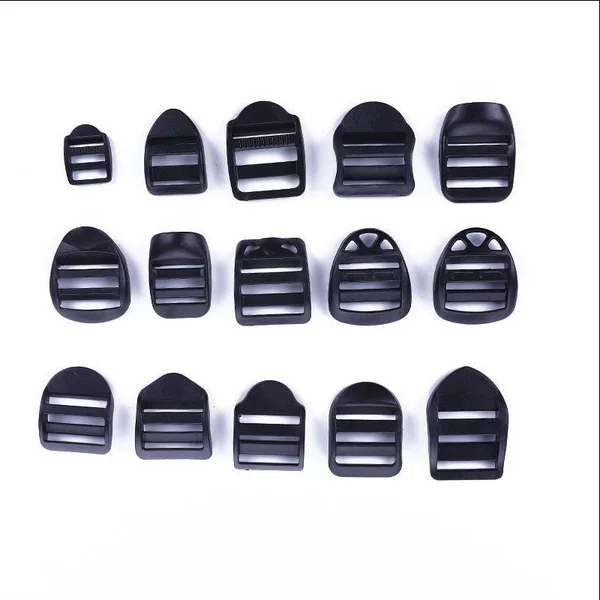 Customized Hardware Luggage Buckle Pom Black Plastic Trapezoidal Adjustable Backpack Buckle Webbing Flat Four-Speed Mesh Button