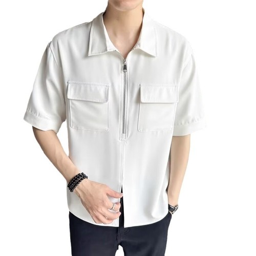 Summer Men's Casual Polo Shirt T-Shirt Trendy Slim Fit Collared Half-Sleeve Polo Shirt White