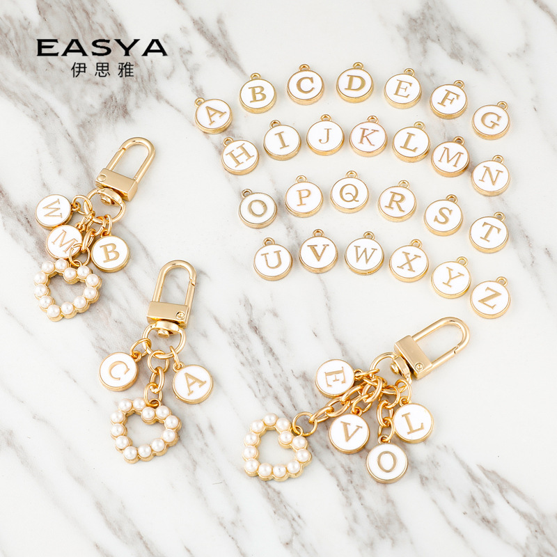 DIY Letter Name Keychain Pearl Love Headset Bag Pendant Holiday Gift Couple Metal Hanging Ornaments