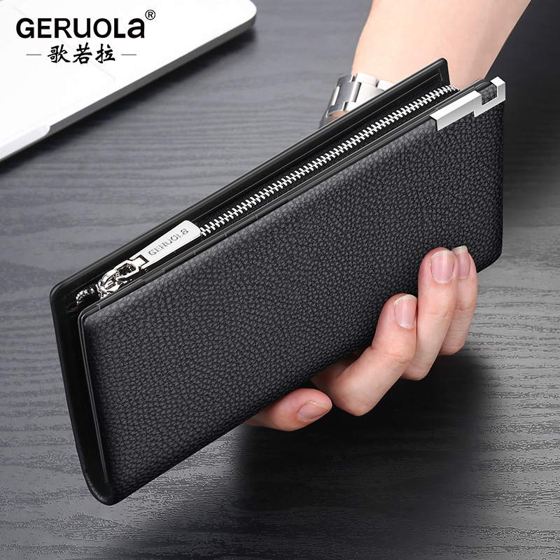 Guangzhou Ge Ruola cuero cartera de hombre, cremallera larga de cuero de vaca, cartera de gran capacidad, mano de negocios