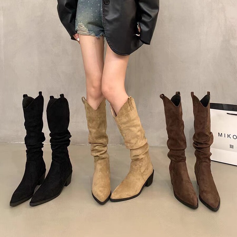 French Retro brown Heap Boots Western Cowboy Boots Autumn and Winter High Boots Women Boots Small khaki Boots
