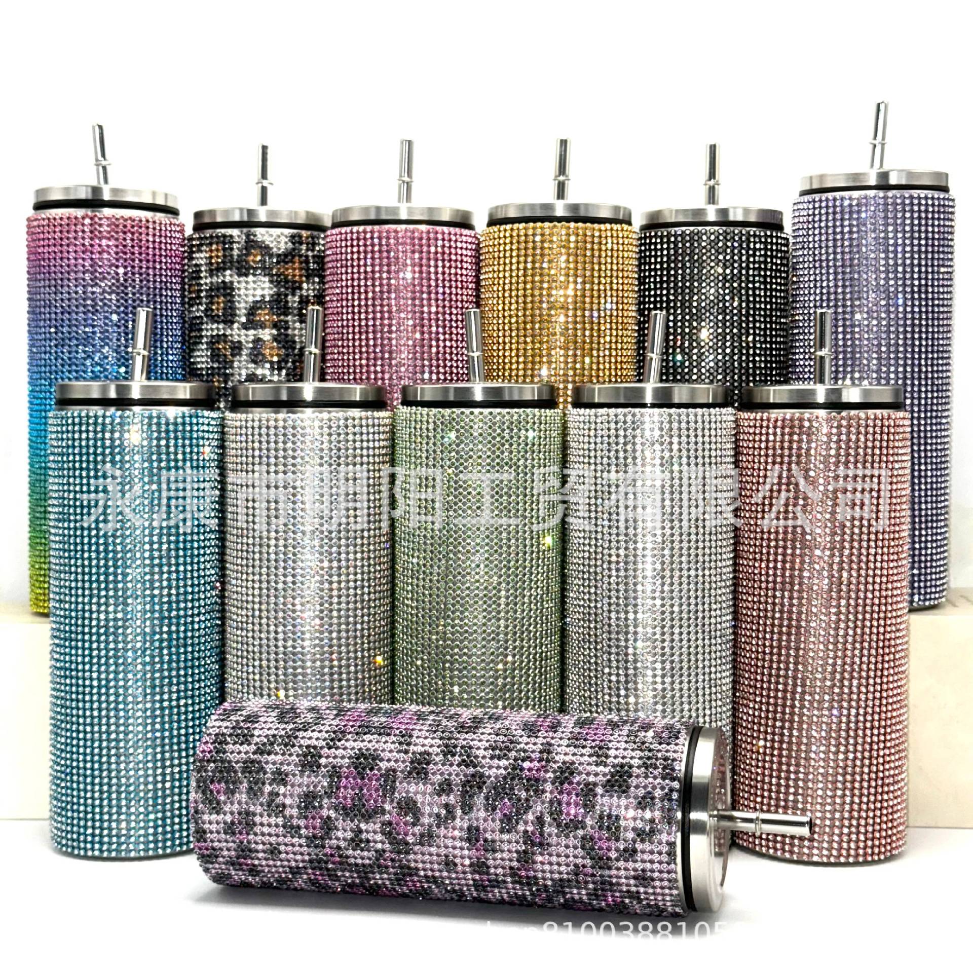 Amazon transfronterizo 20oz recta Copa de diamante recta Copa rhinestone taza de vacío de acero inoxidable taza de paja de vacío taza de café