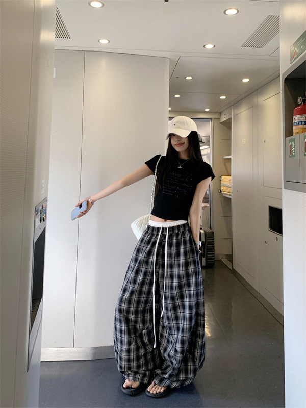 美式潮牌拼接假两件双腰头格子裤男女复古慵懒风宽松阔腿休闲裤子|undefined