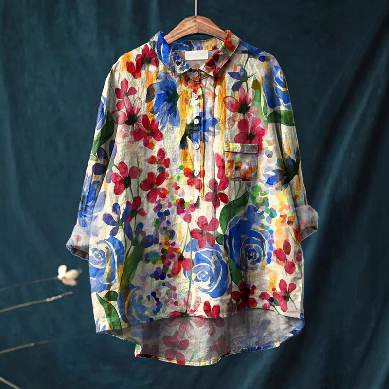 2025 Spring New Long Sleeve Polo Collar Shirt Loose Plant 3D Digital Print Top Wg18 Casual Simple