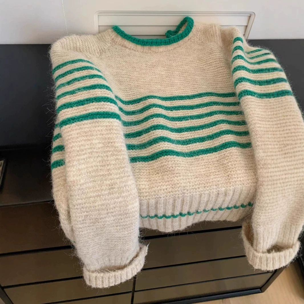 Полосатый корейский свитер с круглым вырезом женский 2024 новый осенний и зимний свободный повседневный мягкий клейкий ленивый ретро вязаный свитер