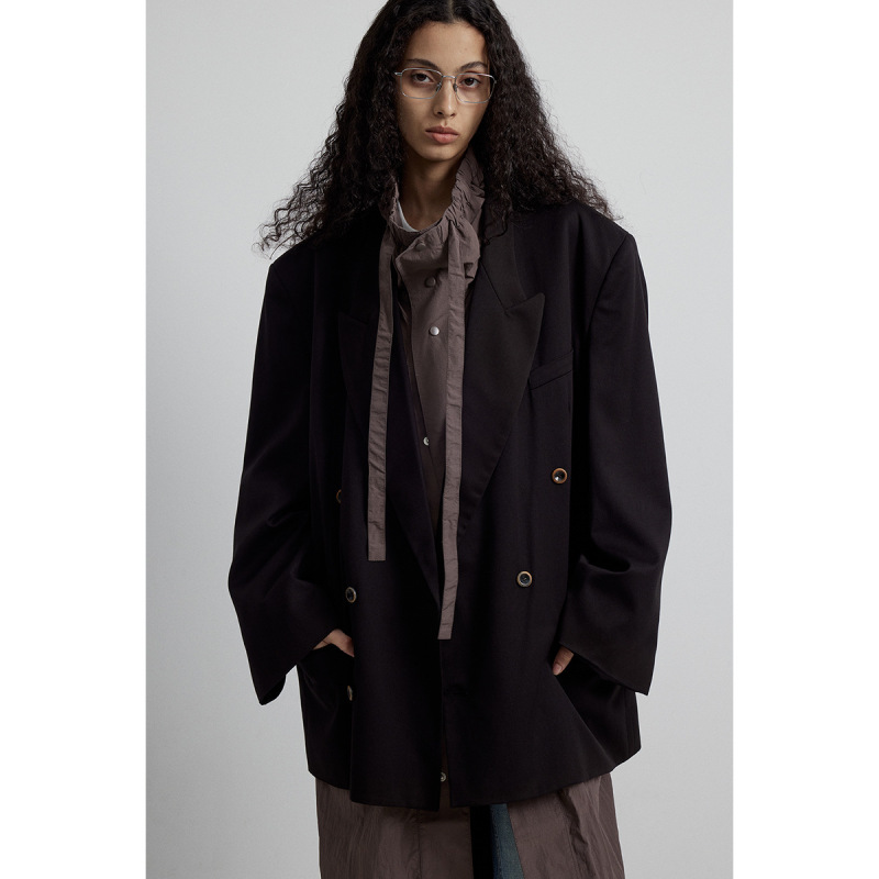 [Shixing] New Style Wool Blended Distressed Faded Loose Double-Breasted Cardigan Long-Sleeved Suit Jacket for Women V6321