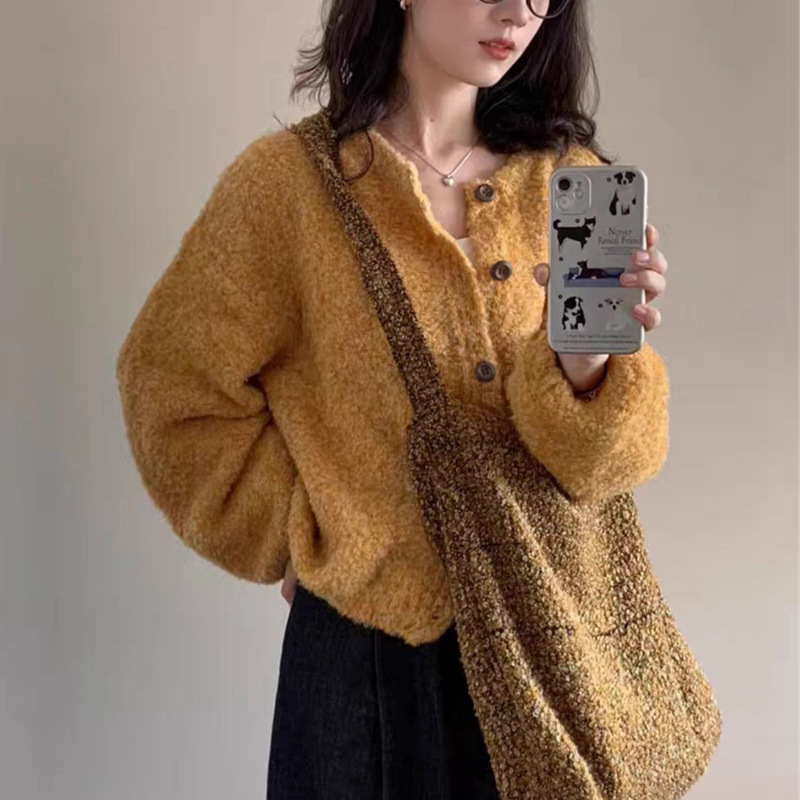 Trendy Women's Autumn and Winter Loose Lazy Style Round Neck Knitted Short Sweater Cardigan Jacket with a Unique Design Trendy Women's Autumn and Winter Loose Lazy Style Round Neck Knitted Short Sweater Cardigan Jacket with a Unique Design