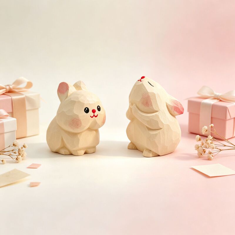 Handmade Wood Carving White Rabbit Desktop Furniture Ornament, Jilin Specialty Wooden Bunny, Easter Gift