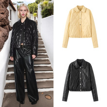 欧美风跨境女装现货速卖通2025爆款摩登气质绗缝短款翻领PU棉服