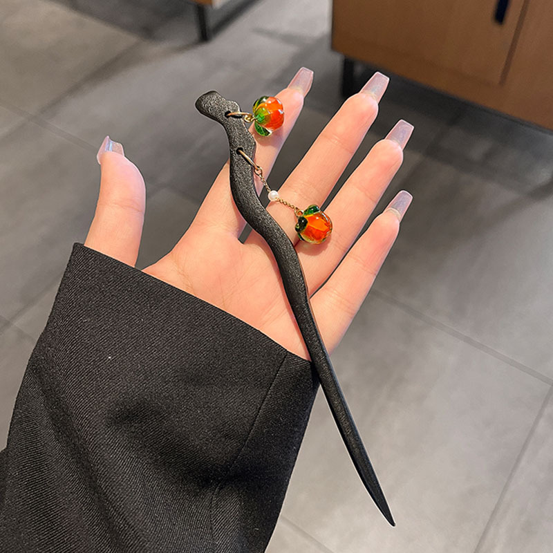 Ancient style wooden Persimmon tassel pendant hairpin female summer elegant cheongsam ball head updo hairpin headdress