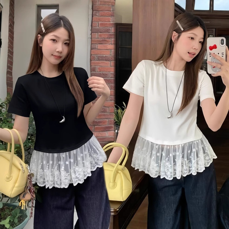 Crewneck Shoulder T-shirt Women's Summer Slim-fit Slimming Stitching Lace Design Sense Sweet Age-reducing Short-sleeved Shirt