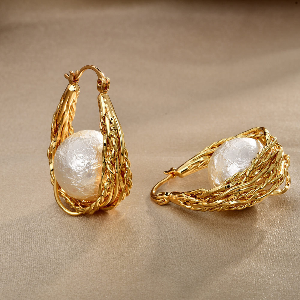Woven Hemp Pattern Light Luxury Niche High-End Cotton Bead Pearl Earrings with a Unique Minimalist Style Hollow Ear Cuffs