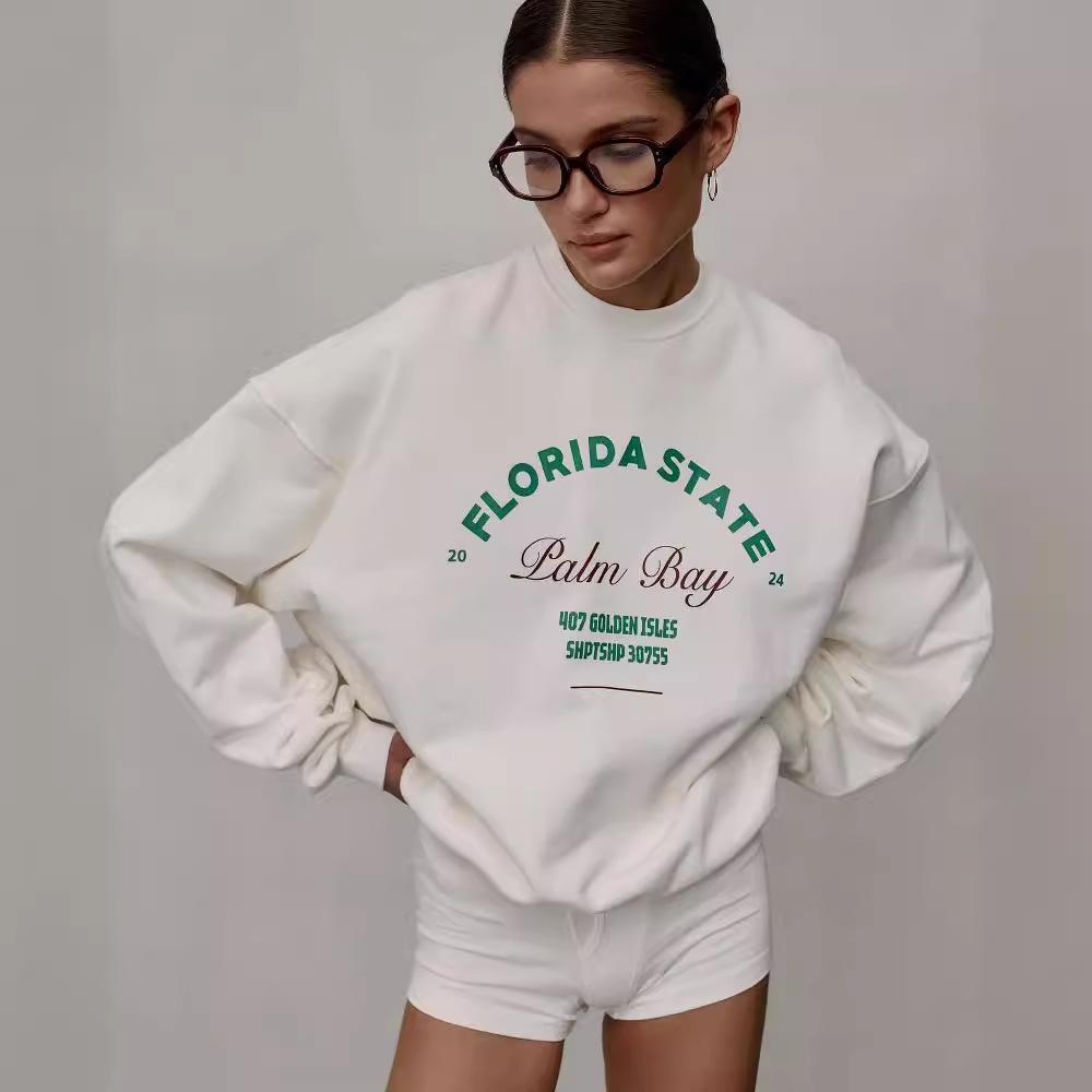 Felpa girocollo casual con stampa di lettere di base per donna, versatile e ampia, unisex, primaverile e autunnale_voghion.com